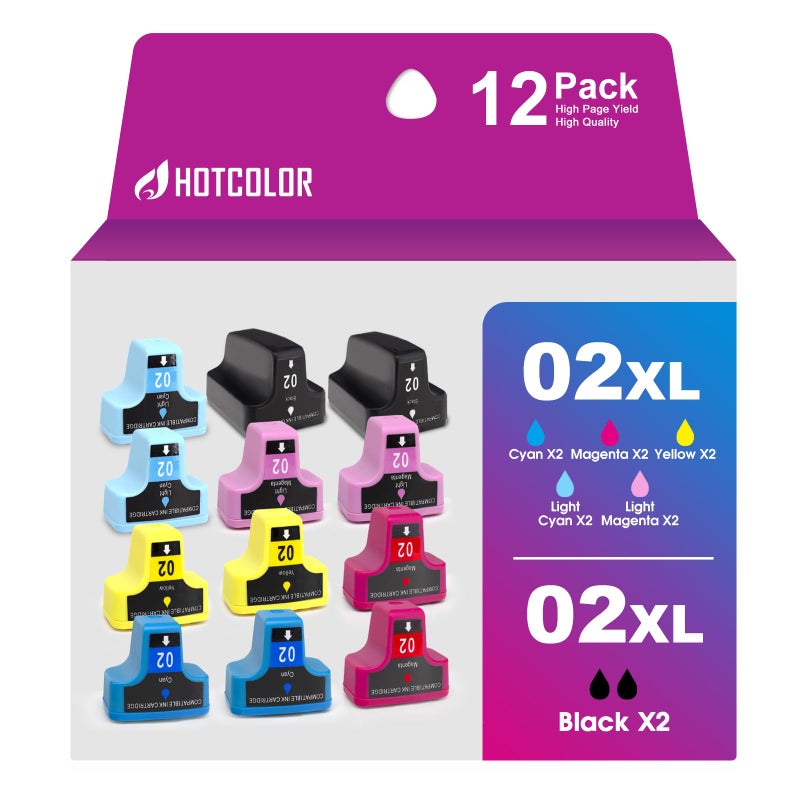 HOTCOLOR Remanufactured for hp 02 Ink Cartridges Replacement for HP 02 Printer Ink cartridges Work for HP PhotoSmart C6280 C7280 8250 D7460 C8180 C6250 Printer (2BK/2C/2M/2Y/2LC/2LM, 12-Pack) - Image 1
